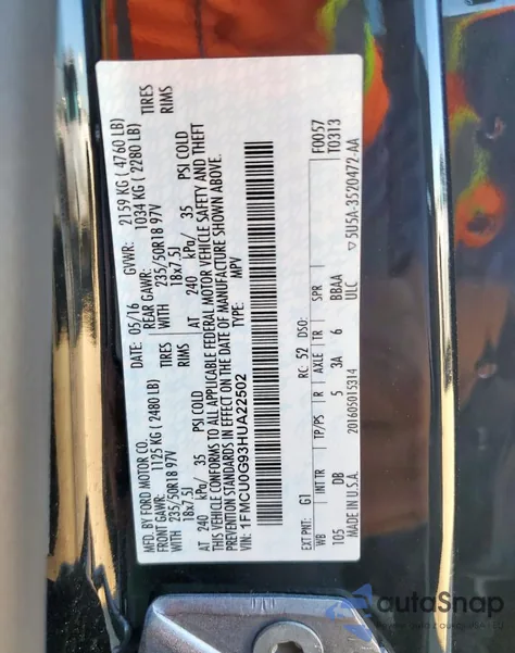 2017 Ford Escape Se из США, поврежденный, VIN 1FMCU0G93HUA22502